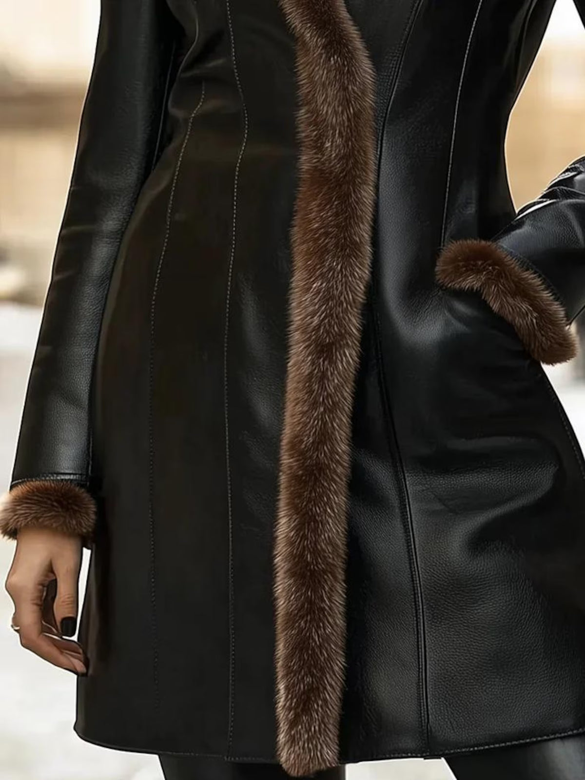 Handmade Women’s High-Quality Cow Leather Brown Coat with Fur Trim