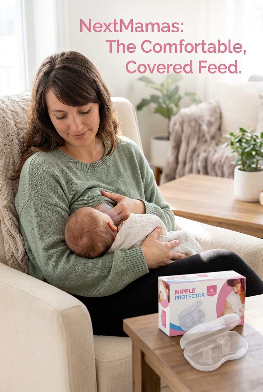Mother nursing baby comfortably with silicone cover