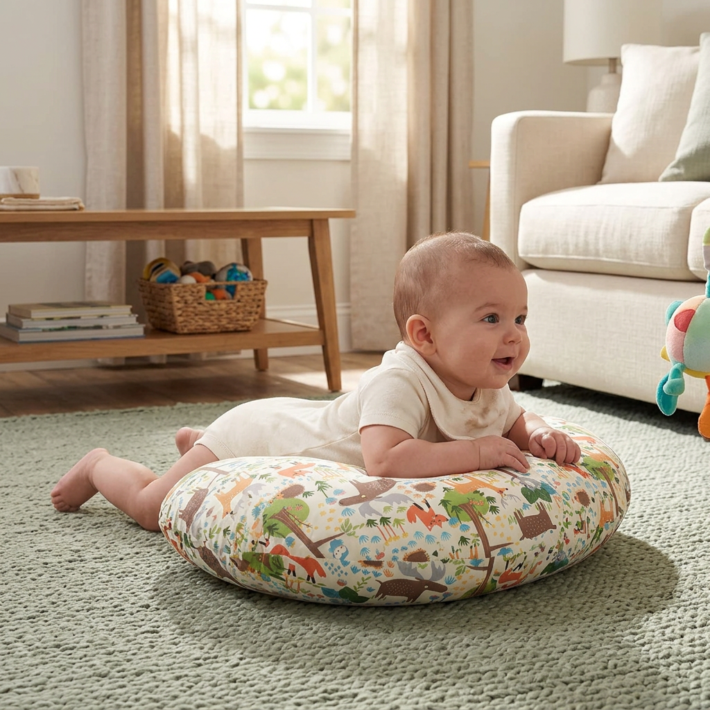 Baby doing tummy time on nursing pillow