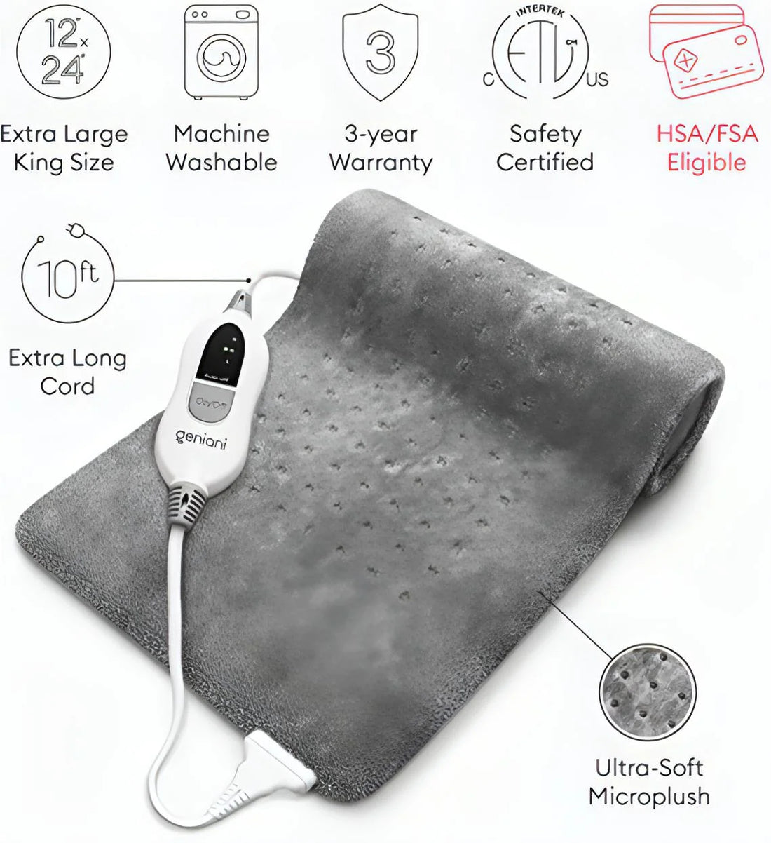 Electric Heating Pad – 3 Heat Settings, Fast Warmth &amp; Auto Shut-Off