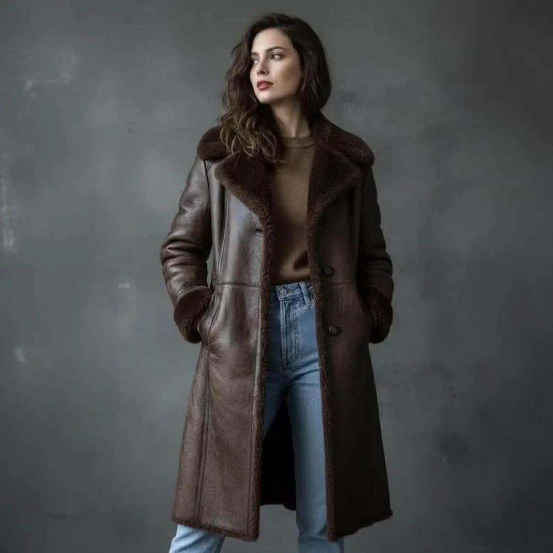 Women’s Brown Shearling Lined Long Winter Jacket