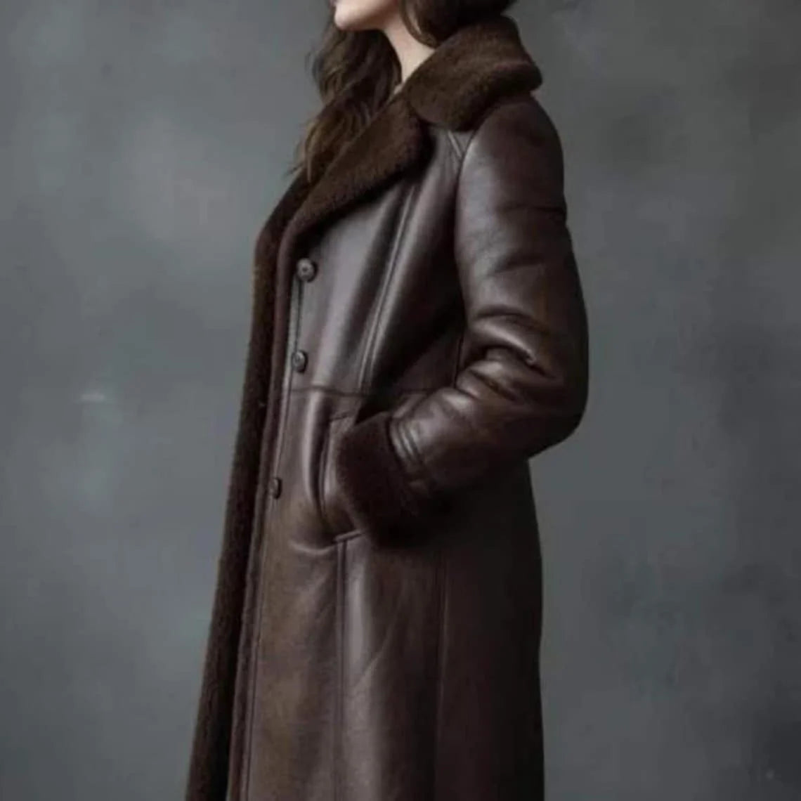 Women’s Brown Shearling Lined Long Winter Jacket