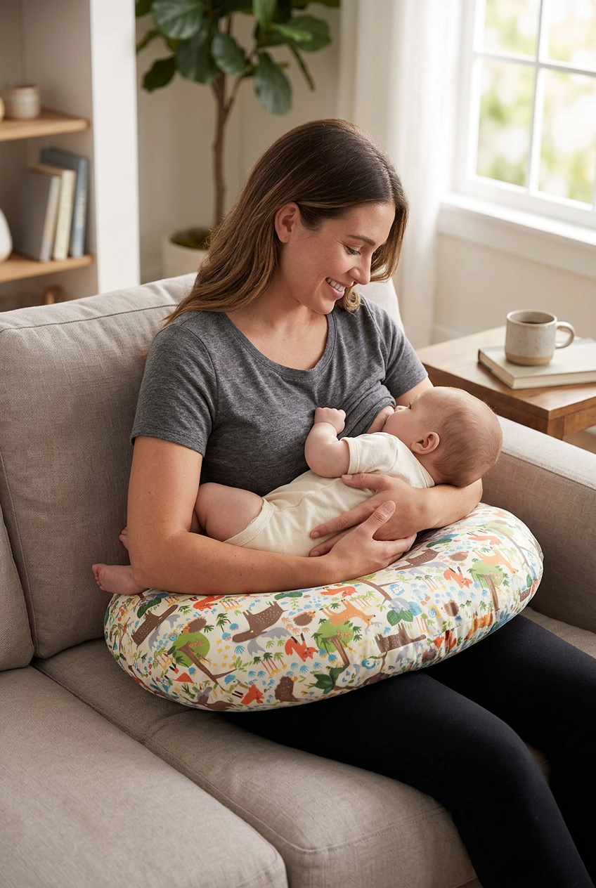 Mother using nursing pillow to support baby during feeding