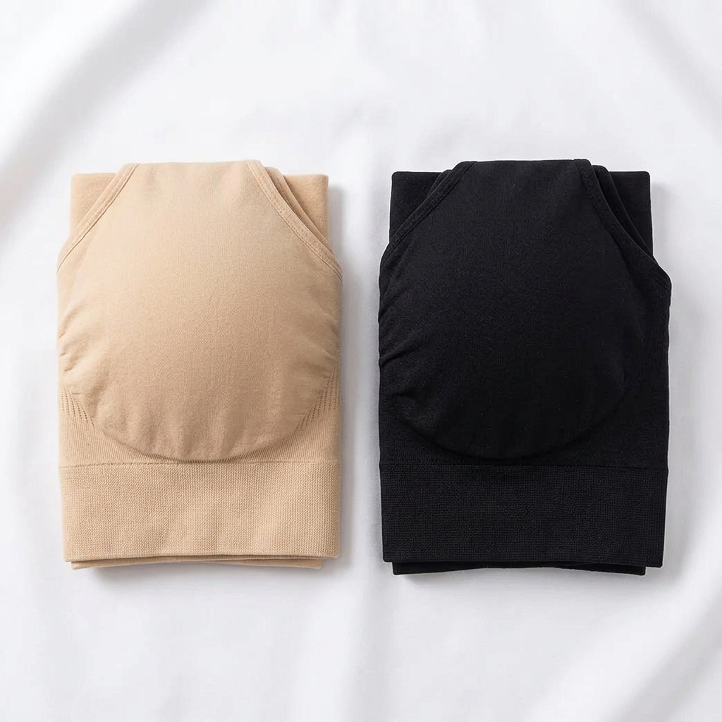 Flat lay of 2-pack wire-free bras in nude and black