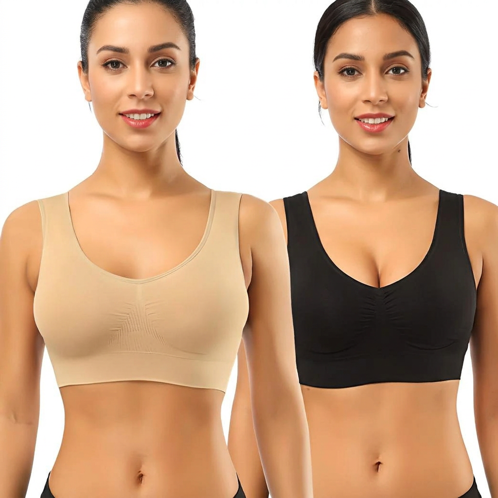 Two women wearing wire-free comfort bras in nude and black